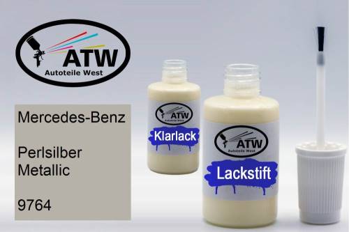 Mercedes-Benz, Perlsilber Metallic, 9764: 20ml Lackstift + 20ml Klarlack - Set, von ATW Autoteile West.